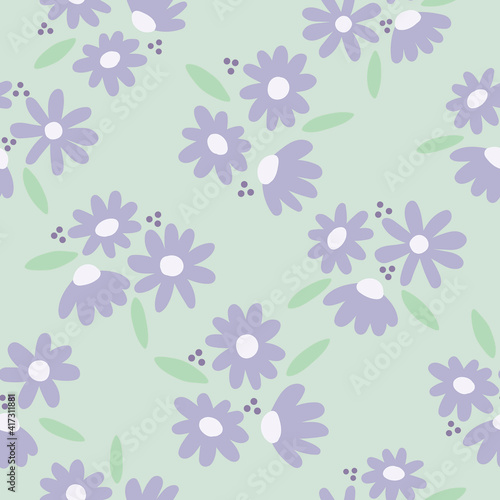 Seamless pattern of white and lilac daisy, with green leaves and dots with a minimal contemporary style and green background