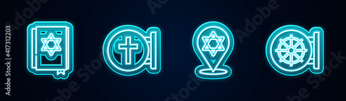 Set line Jewish torah book, Christian cross, Star of David and Dharma wheel. Glowing neon icon. Vector.