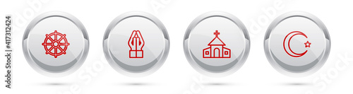 Set line Dharma wheel, Hands in praying position, Church building and Star crescent. Silver circle button. Vector.