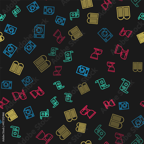 Set line Star and crescent, Torah scroll, The commandments and Holy grail chalice on seamless pattern. Vector.