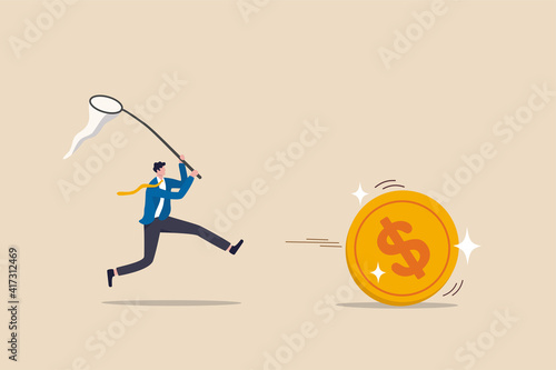Chasing high performance active mutual fund, buying rising star stock or funds, catch or grab hot ETFs concept, businessman investor run chasing try to catch high performance attractive dollar coin.