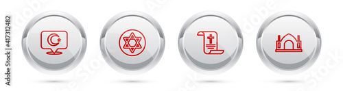 Set line Star and crescent, of David, Decree, paper, parchment, scroll and Hindu spiritual temple. Silver circle button. Vector.