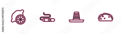 Set line Lemon, Mexican sombrero, Cigar and Taco with tortilla icon. Vector.