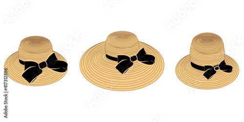 vector set of three wide-brimmed beach hats in yellow and black