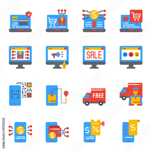 Online Shopping Icons Flat Color Vector Illustration, Sale, Business, Payment, Delivery, Online Shop