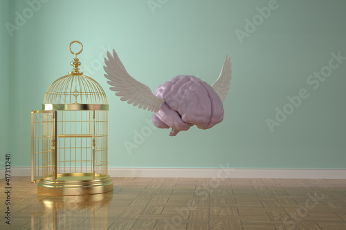 Big golden birdcage in the room, 3D rendering. 3D illustration. photo