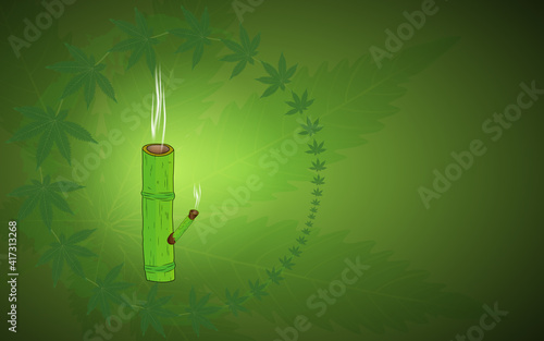 Green cannabis leaves placed in circles, Bamboo Bong with Cannabis Leaf,Green marijuana leaves placed in circlesThe bamboo bong, the cannabis leaves, in the top center Green background.