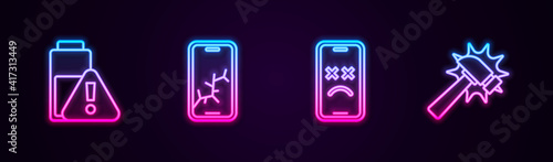 Set line Smartphone battery charge, Mobile with broken screen, Dead mobile and Hammer. Glowing neon icon. Vector.
