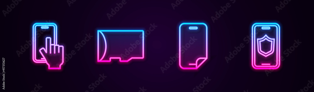 Set line Phone repair service, Micro SD memory card, Glass screen protector and Mobile with shield. Glowing neon icon. Vector. Set line Phone repair service, Micro SD memory card, Glass screen protector and Mobile with shield. Glowing neon icon. Vector.