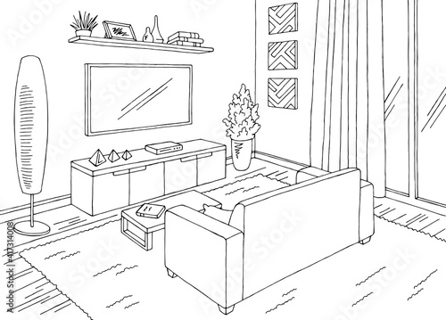 Living room graphic black white home interior sketch illustration vector