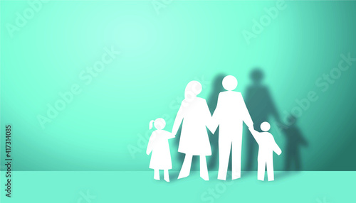 Paper cut picture, family photo, father, mother and son, daughter On a blue background Family concept Relationship Parent-child Vector Illustration