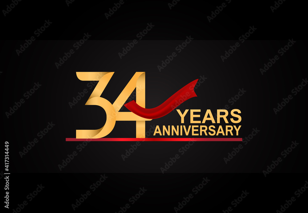 34 years anniversary design with red ribbon and golden color isolated on black background for celebration moment 34 years anniversary design with red ribbon and golden color isolated on black background for celebration moment