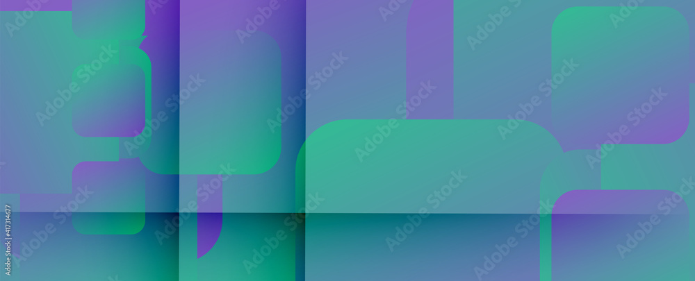 Fototapeta premium Square shapes composition geometric abstract background. 3D shadow effects and fluid gradients. Modern overlapping forms
