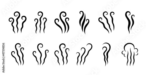 Set of black wavy icons smells, steam, smoke and fog. Jets of air, waves of evaporation and the stench of aromas. Isolated silhouettes of vapor on a white background
