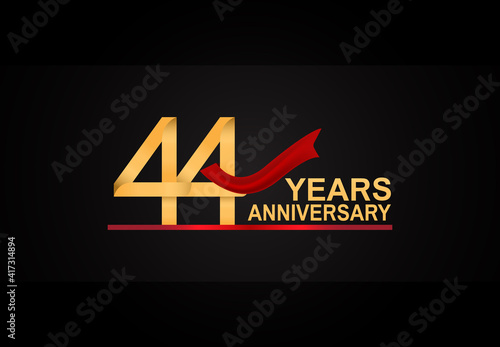 44 years anniversary design with red ribbon and golden color isolated on black background for celebration moment