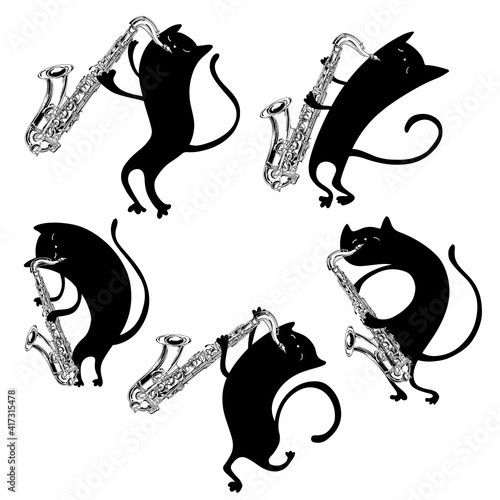 Five adorable cats play the saxophone. Vector cartoon illustration isolated on white. Perfect for greeting cards, invitations, and as a design element.