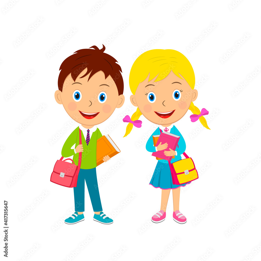 cute cartoon boy and girl with books and bags cute cartoon boy and girl with books and bags