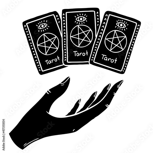 A hand with three cards of the Tarot over her.
