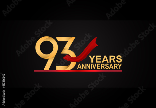 93 years anniversary design with red ribbon and golden color isolated on black background for celebration moment