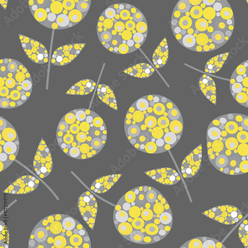 Abstract allium flower seamless vector pattern background. Backdrop of midcentury modern flowers and leaves filled with circle shapes in yellow grey colors.Retro floral botanical repeat for wellbeing