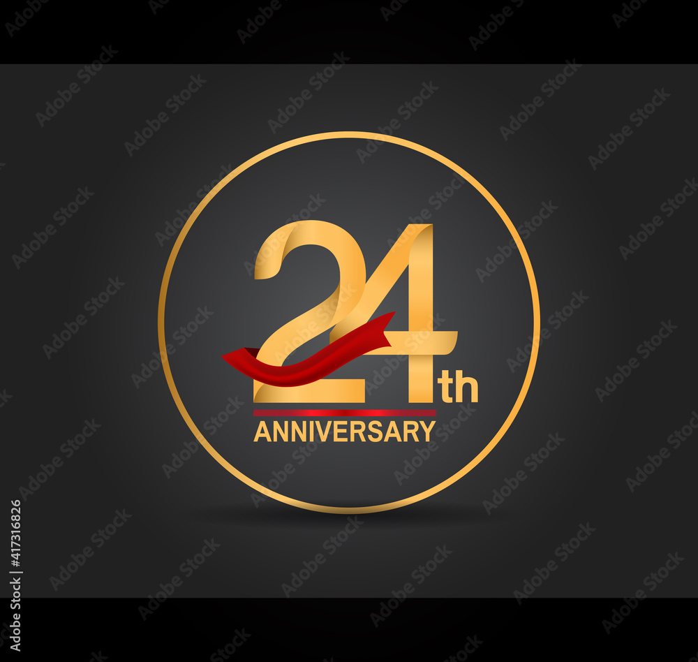 24 anniversary design golden color with ring and red ribbon isolated on black background for celebration moment 24 anniversary design golden color with ring and red ribbon isolated on black background for celebration moment