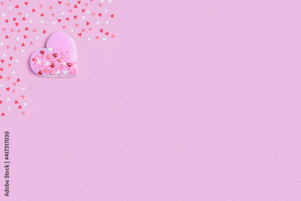 . Heart shaped cookies or gingerbread on pink pastel background with blank space for text. The concept before the wedding day, Valentine's day, women's day. Blank for a greeting card. . Heart shaped cookies or gingerbread on pink pastel background with blank space for text. The concept before the wedding day, Valentine's day, women's day. Blank for a greeting card.