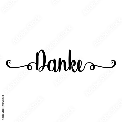 Banner con texto manuscrito Danke en alemán escrito a mano con florituras en color negro