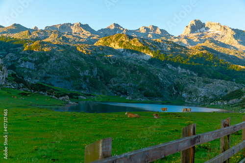 Serene landscape with one of Lakes of Covadonga and mountain range in summer day