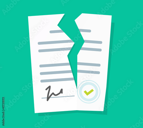 Broken contract vector or breach of agreement flat cartoon icon, idea of expired legal signed document, deal termination, cancelation or end of partnership concept, torn paper file
