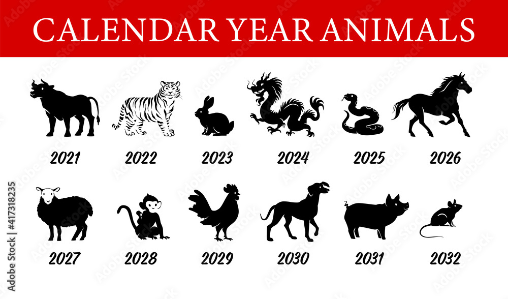 Collection of chinese year calendar animals silhouettes isolated on white background. Vector flat illustration. For banners, cards, advertising, congratulations, logo.
