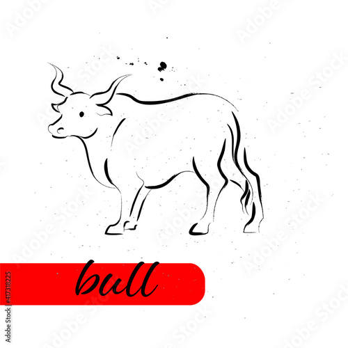 Chinese bull year calendar animal silhouette isolated on white textured background. Vector hand drawn sketch style illustration. For banners, cards, advertising, congratulations.