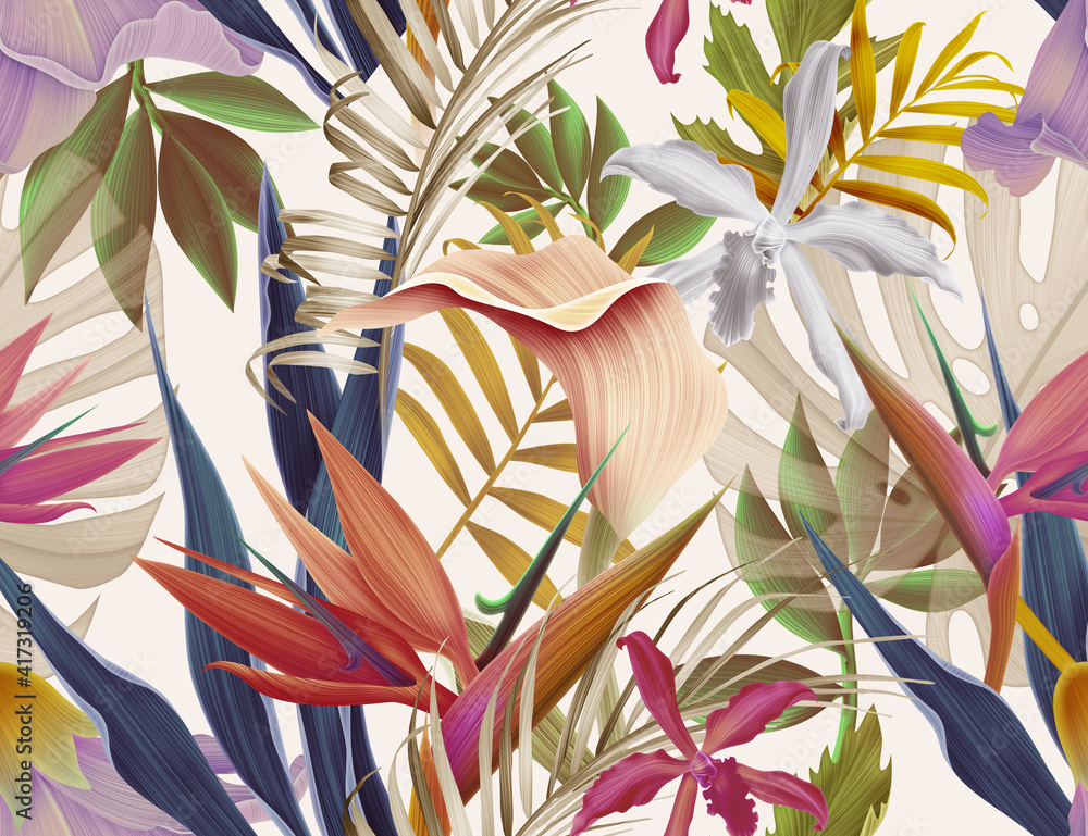 Seamless tropical flower, plant and leaf pattern background. Hawaii ...
