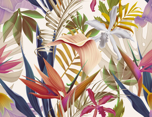 Sierkussen Tropische bladeren patronen Hawaiiaanse jungle bloemen patroon  © Natalia @themishaart