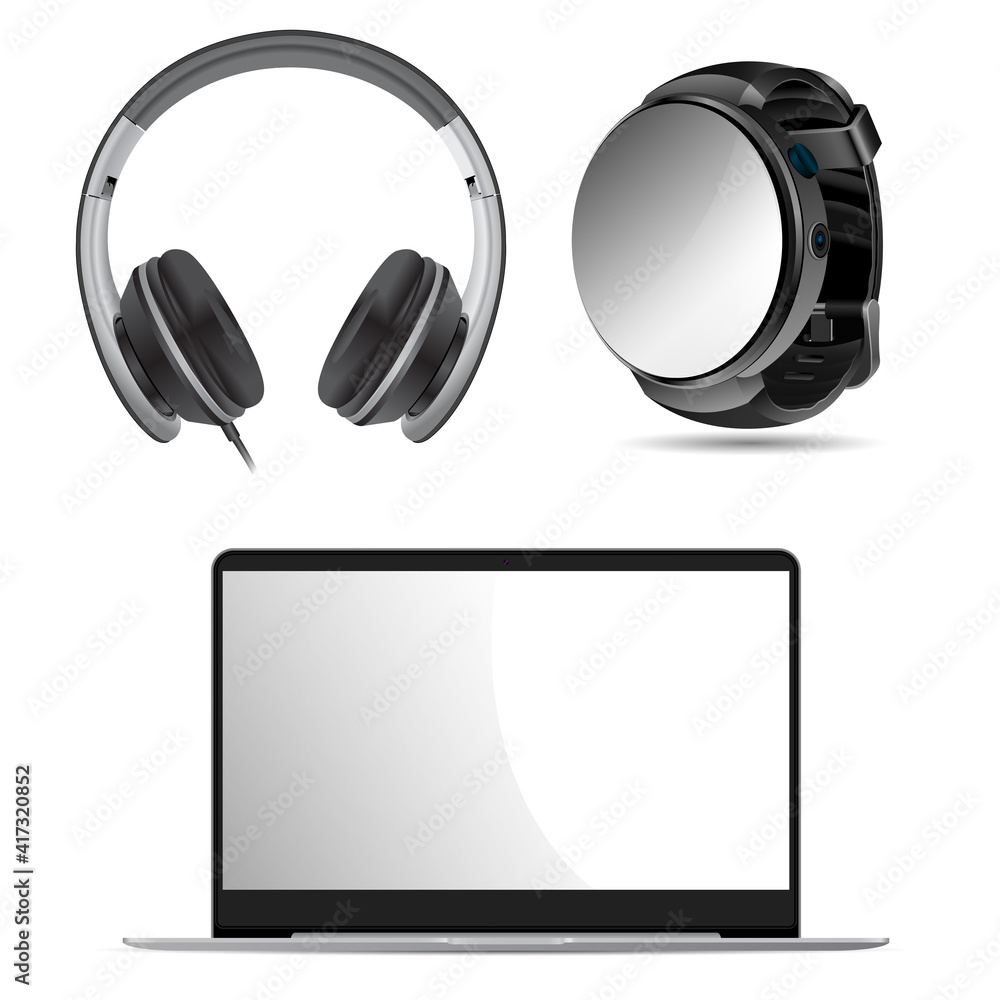 Laptop, headphone, watch mockup. Pc screen, earphone, smart watch black illustration. Digital wirstwatch blank. monitor, headset personal interface template. Modern sport arm clock