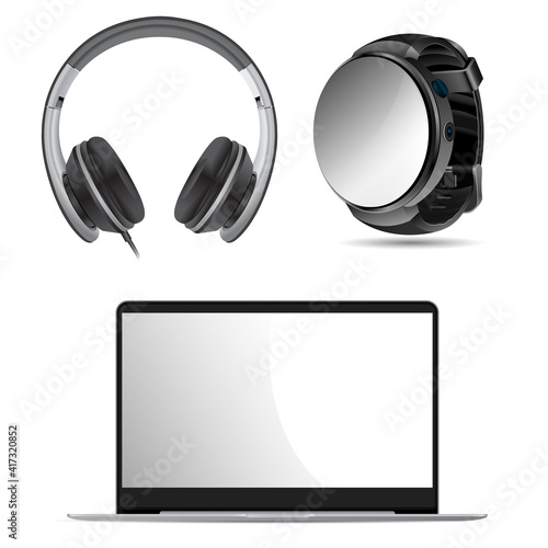 Laptop, headphone, watch mockup. Pc screen, earphone, smart watch black illustration. Digital wirstwatch blank. monitor, headset personal interface template. Modern sport arm clock photo