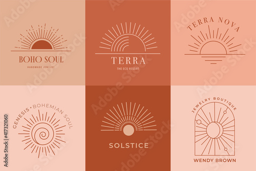 Bohemian linear logos, icons and symbols, sun design templates, terracotta geometric abstract design elements for decoration. 