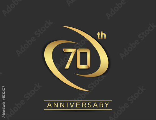70 years anniversary logo style with swoosh ring golden color isolated on black background for celebration moment