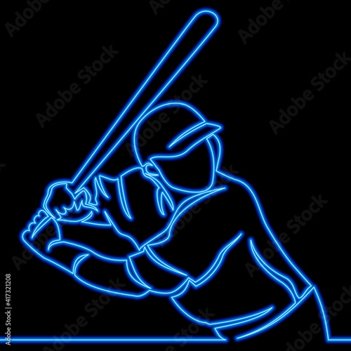 Continuous line baseball player neon concept