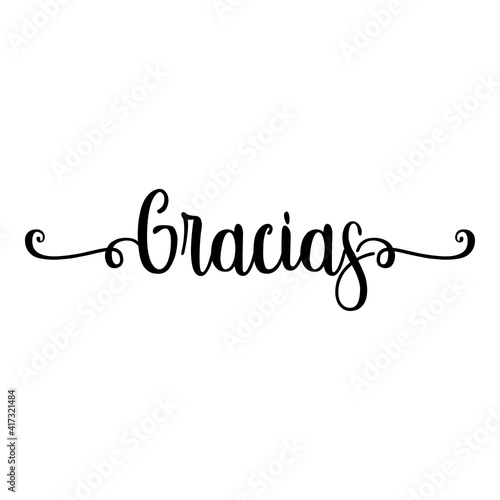 Banner con texto manuscrito Gracias en español escrito a mano con florituras en color negro