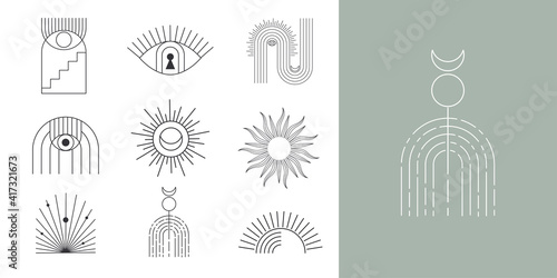 Bohemian linear logos, icons and symbols, sun design templates, geometric abstract design elements for decoration. 