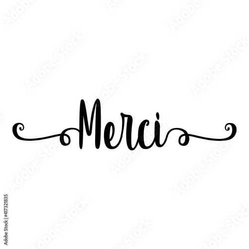Banner con texto manuscrito Merci en francés escrito a mano con florituras en color negro