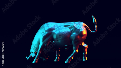 Bull with Blue Orange Moody 80s lighting 3d illustration render