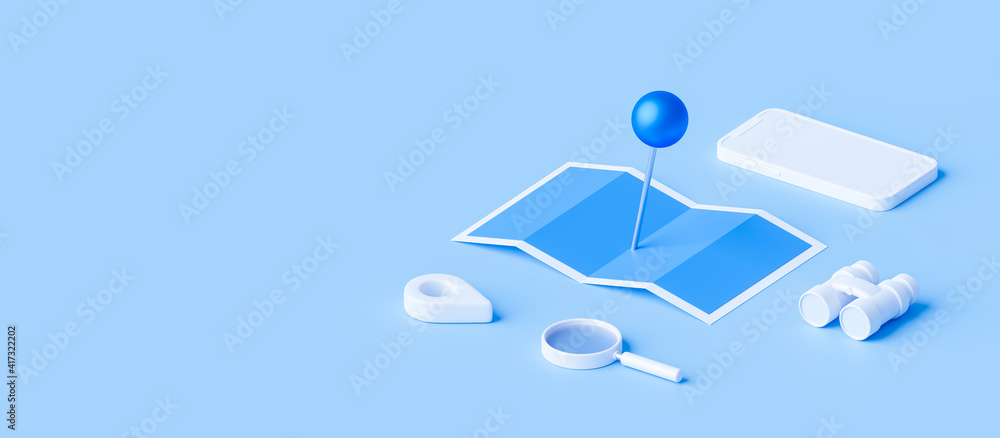 Isometric of map and location pin or navigation icon sign on blue ...