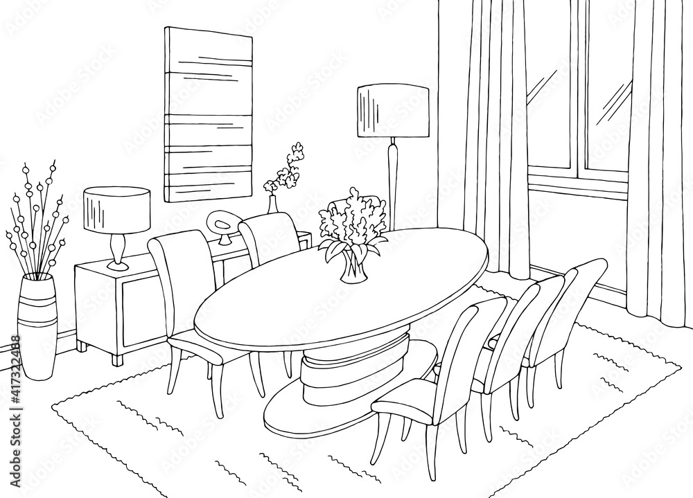 Dining room home interior graphic black white sketch illustration vector 