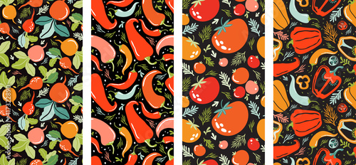 Large set of seamless patterns of natural and healthy vegetables. Background from farm products tomatoes, peppers, radishes, greens, hot chili. Hand drawn vector illustration vegetarian healthy food.