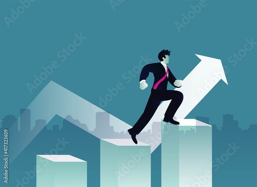 Business arrow concept with businessman on arrow flying to success. grow chart up increase profit sales and investment. background vector
