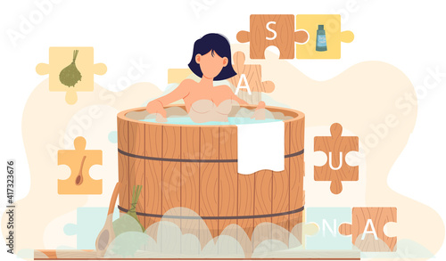 Young woman sitting in wooden tub surrounded by pieces of puzzle with inscription sauna. Bathhouse interior design. Sexy girl in barrel is resting in sauna. Female character in hot steam taking bath