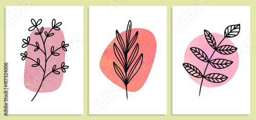 Set of Abstract Botanical Wall Art, Abstract Leaves, boho branch botanical art for wall decoration, postcard or brochure design. 