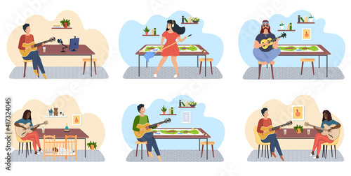 Set of illustrations about people playing guitar on background of board game and crealing tracks. Musicians practice in music. Rest and pastime at home. Guitarists using stringed instrument