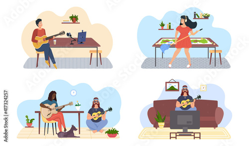 Set of illustrations about musicians do what they love. People play guitar and sing to music. Guitarists with stringed instrument create melodies. Characters perform with acoustic guitar at home
